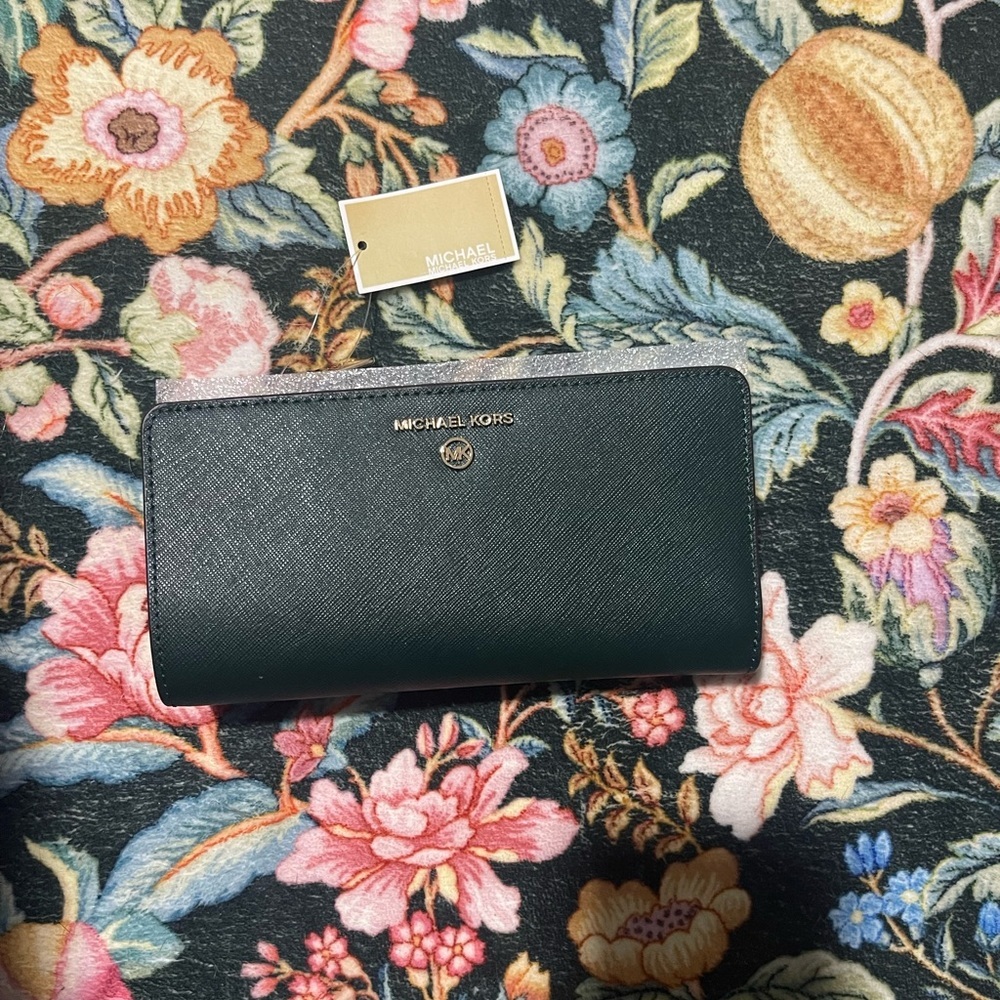 Michael Kors Dark Green Wallet with Gold Accents